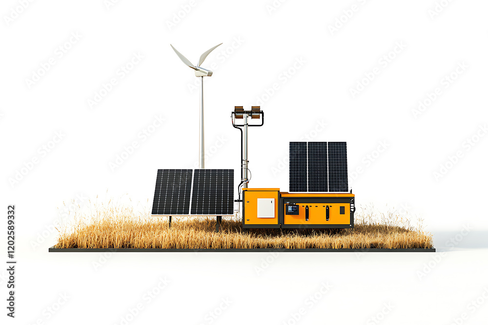 Poster remote renewable energy setup with solar panels and wind turbine isolated a transparent background
