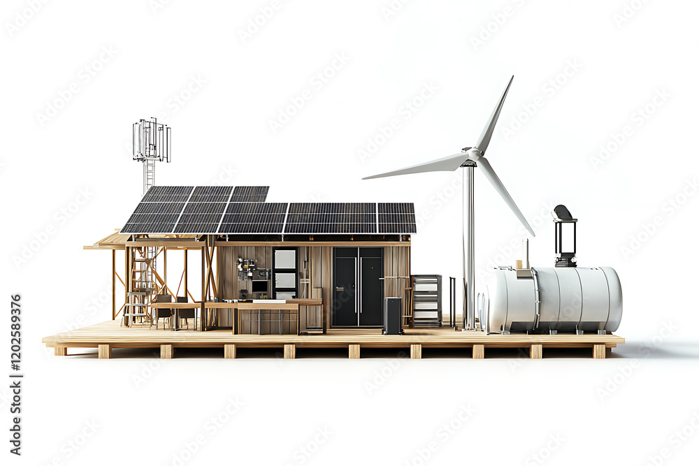 Poster Remote renewable energy setup with solar panels and wind turbine isolated a transparent background