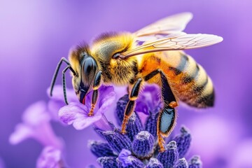 Fototapeta premium Bee on a vibrant purple flower gathering pollen in a summer garden