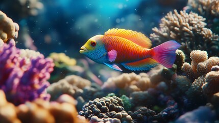 Fototapeta premium Colorful fish swims through a vibrant coral reef in an underwater scene