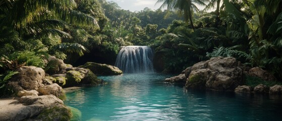 A pristine waterfall cascades into a turquoise pool, surrounded by lush tropical greenery, creating a hidden paradise.