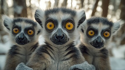 Obraz premium Three ring-tailed lemurs posing snowy forest winter wildlife