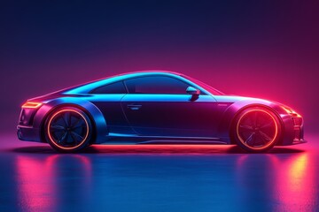 Neon sports car glowing in futuristic vibrant lights