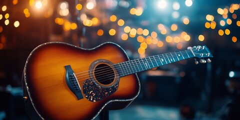 Fototapeta premium Acoustic guitar with colorful bokeh lights in the background