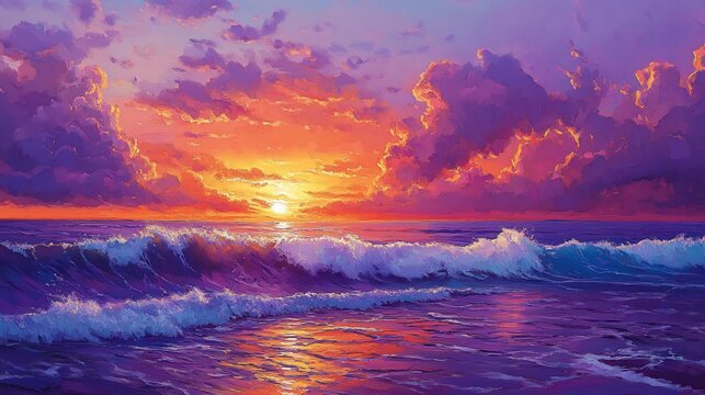 Dramatic sunset with colorful clouds over an ocean with rolling waves in vibrant painting