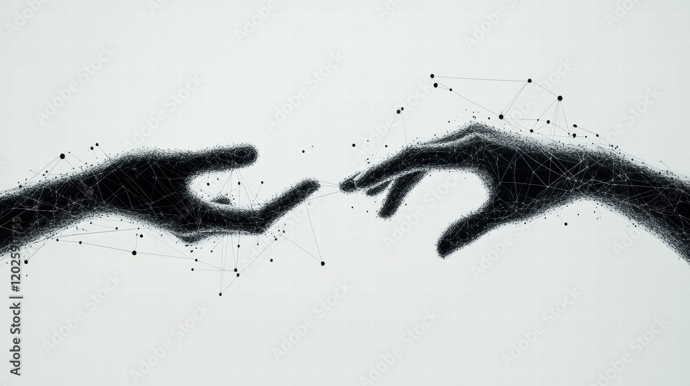 Aufkleber Hands reaching out with connection lines and dots illustrating unity and communication in a digital world. Generative AI