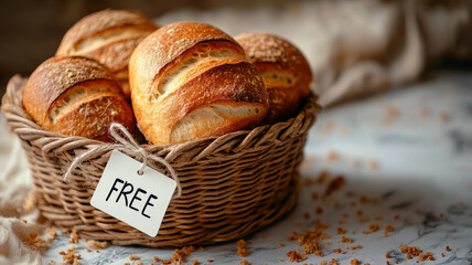 Basket of fresh bread with a 'free' tag.