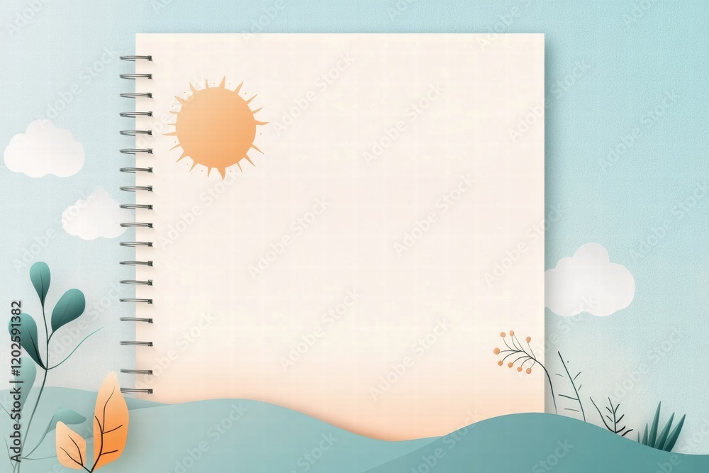 Poster creative planner layout with abstract nature elements featuring sun, clouds, and mountains for inspi