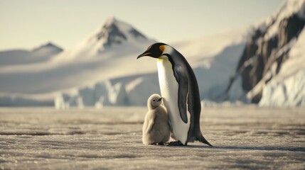 Fototapeta premium An endearing moment captured between a penguin adult and its chick in a breathtaking frozen landscape, highlighting the nurturing bond and resilience of nature's creatures.