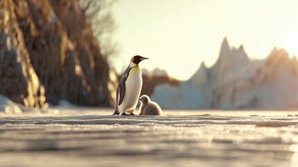 Fototapeta premium A stunning visual of an Emperor Penguin and its chick on a glistening icy terrain, highlighting the warmth of familial bonds against the cold Antarctic backdrop.