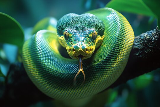 Green tree python coiled on branch, rainforest background, wildlife photography, nature poster