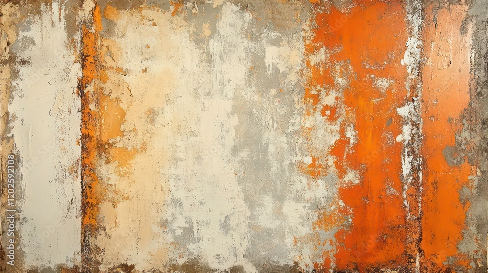 Poster abstract textured background with orange, beige, and grey hues showing peeling paint and weathered s