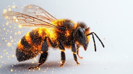   A close-up of a bee with yellow and black spots on its back legs and wings, on a white background