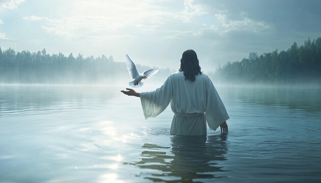Jesus Christ in a white robe is in the water. The holy spirit flies towards him.