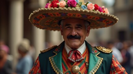 Fototapeta premium Man in Traditional Mexican Costume Representing Mexican Culture