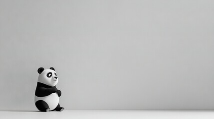   A monochrome panda rests atop a white table beside a gray backdrop and a corresponding wall