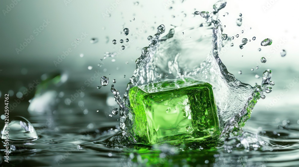 Poster Green ice cube splashing into water, creating a dynamic water splash with droplets.