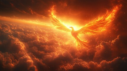 A fiery phoenix rises amidst vibrant clouds, symbolizing rebirth and transformation.