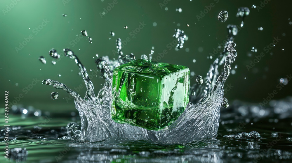 Poster Green ice cube splashing into water, creating a dynamic crown splash with droplets.