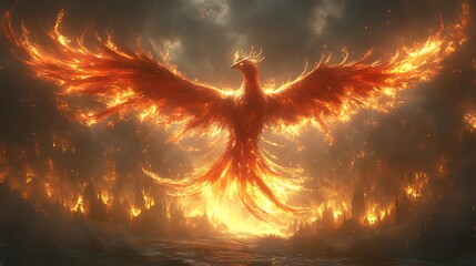 Fiery Phoenix Rising from Ashes, Fantasy, Game Art