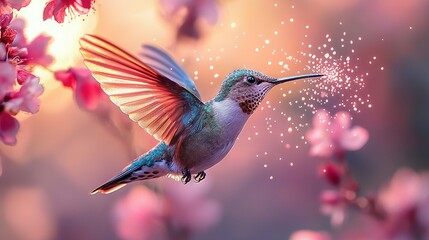 Fototapeta premium Hummingbird soaring past pink blossoms