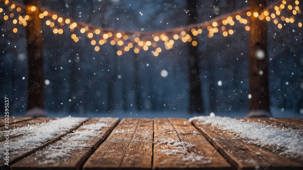 Wall mural rustic wood board mockup surface with gold bokeh string lights and snowy forest landscape background