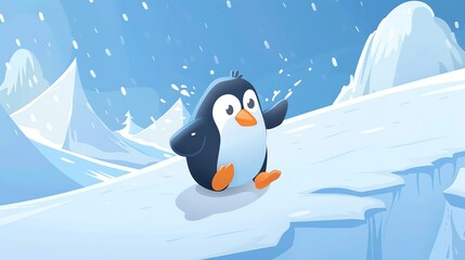 A cartoon penguin sitting on a snowy cliff.