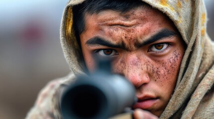 A gritty portrait of a determined fighter with battle markings, focused through the scope of a rifle, representing both strength and vulnerability in a harsh environment.