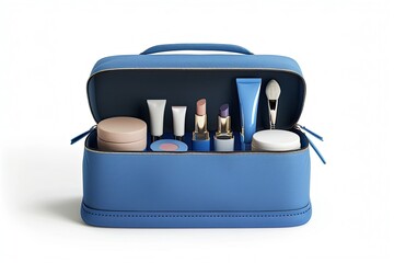 Blue Cosmetic Bag Filled With Makeup And Beauty Products