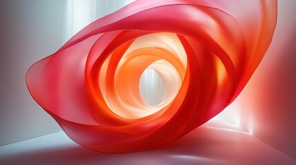 Abstract red glass sculpture with swirling, translucent forms creating a tunnel-like effect.