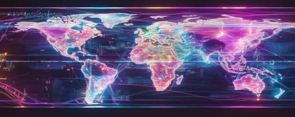 Global network data flow; futuristic world map display