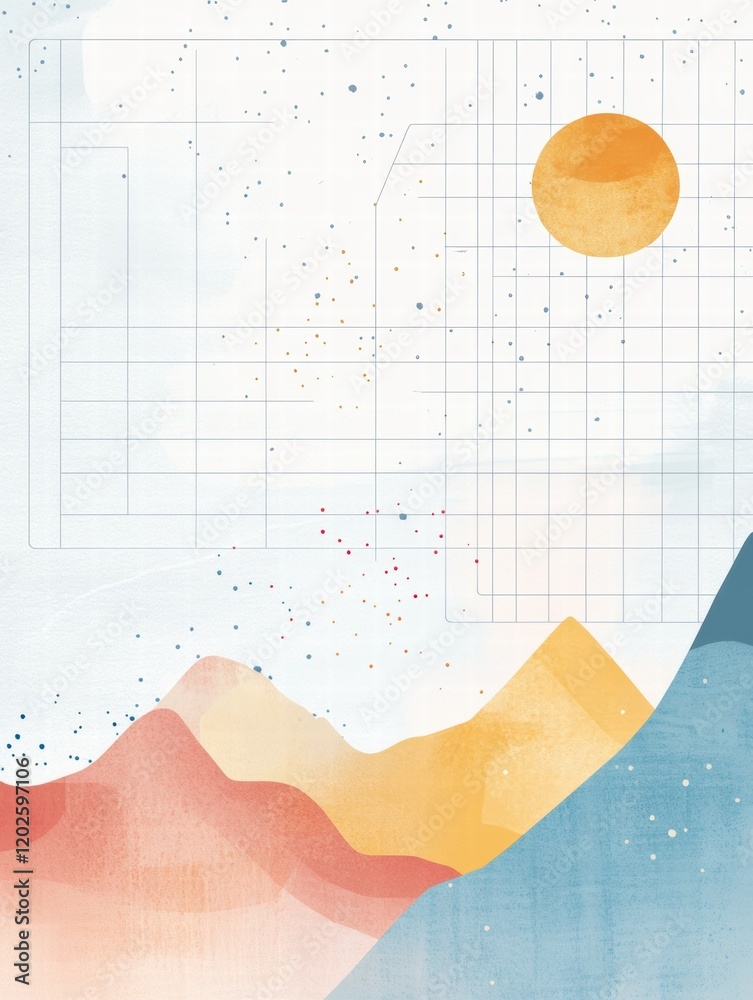 Poster nature inspired planner layout featuring sun, clouds, mountains, and abstract design elements for da