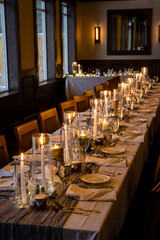 Elegant candlelit banquet hall decorated for a wedding reception