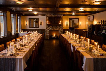 Elegant candlelit banquet hall decorated for a wedding reception