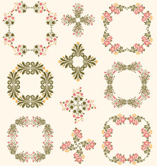 A set of vintage retro decorative floral leafy wildflower border designs. 