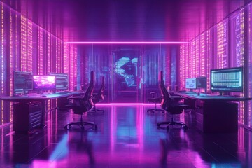 Neon-lit server room, global network data processing, futuristic workstations, background map