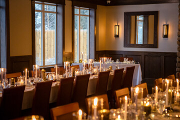 Elegant candlelit banquet hall decorated for a wedding reception