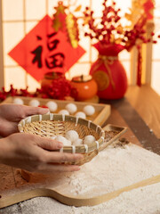 sweet dumping or tangyuan traditional Chinese new year food .(the Chinese characters means New Year's blessing）