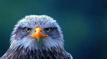    an eagle's face against a blue background with a blurry background