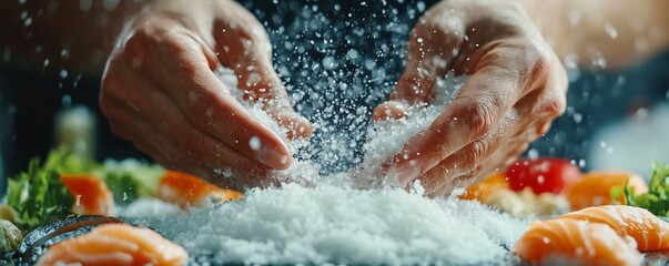 Fototapeta premium Hands salting sushi, kitchen, close-up. Food prep