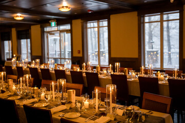 Elegant candlelit banquet hall decorated for a wedding reception
