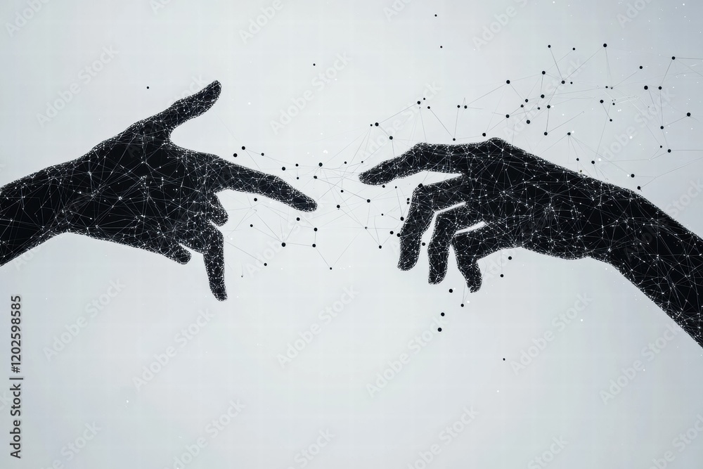 Aufkleber Hands connecting through lines and dots illustrating digital communication and collaboration in a modern world. Generative AI