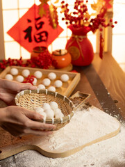 sweet dumping or tangyuan traditional Chinese new year food .(the Chinese characters means New Year's blessing）