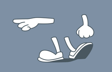 Minimalist cartoon illustration showing hands and legs, one pointing and one clenched fist, paired with simple shoes on a grey background. Creative concept. Vector illustration.