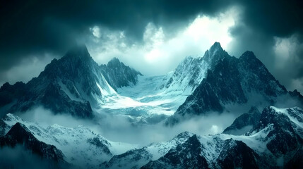 Majestic Snow-Capped Mountains Reflecting a Dramatic Sky with Glacial Serenity