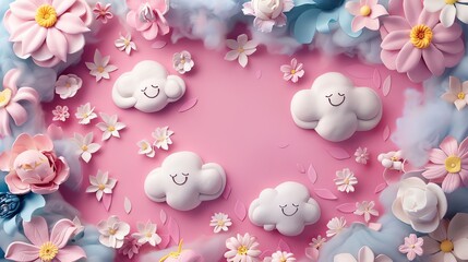 A pink background with white clouds, flowers and blue wispy clouds.