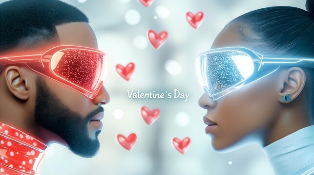 Futuristic african american couple in smart glasses, Valentines day - Powered by Adobe