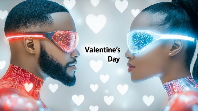 Futuristic couple in neon smart glasses, Valentines day greeting card - Powered by Adobe