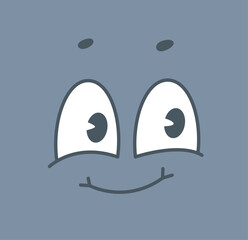 Cartoon face with big expressive eyes and a smiling mouth on a gray background. Minimalistic design, cheerful and playful concept. Vector illustration