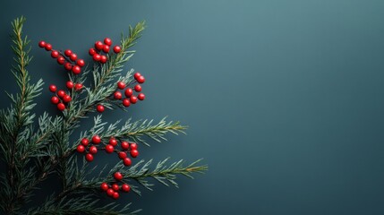 Festive Holly Berries Branch Teal Background Xmas Card